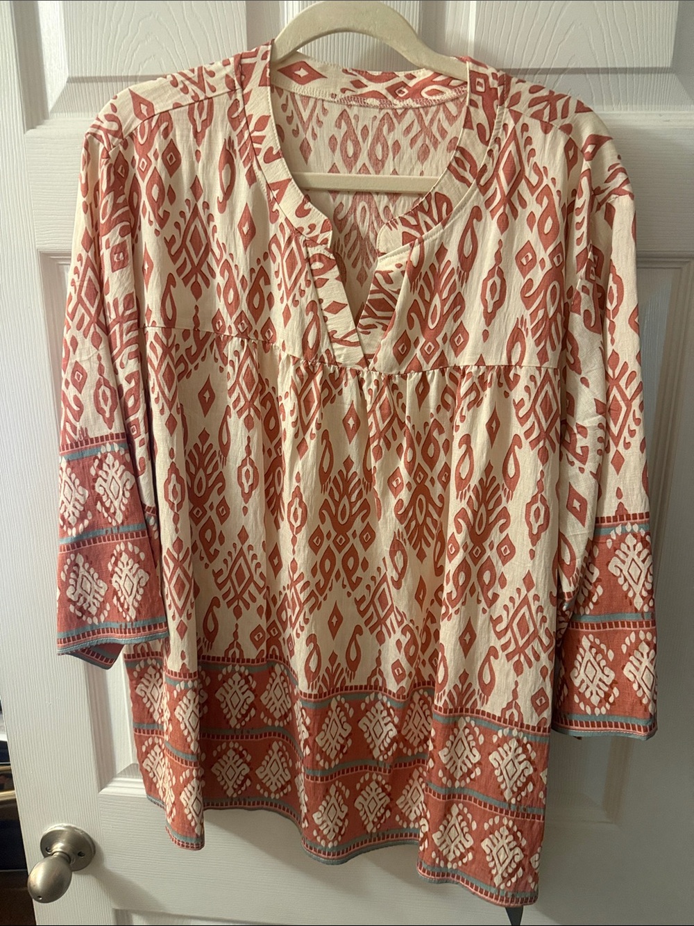 Cream Tunic Top with Terracotta Geometric Print